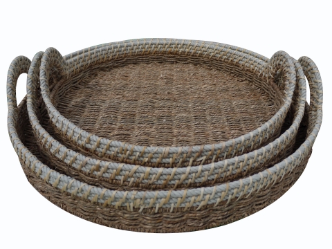3pc round seagrass tray with rope rim